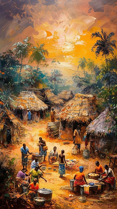 Painting of a traditional African village scene.