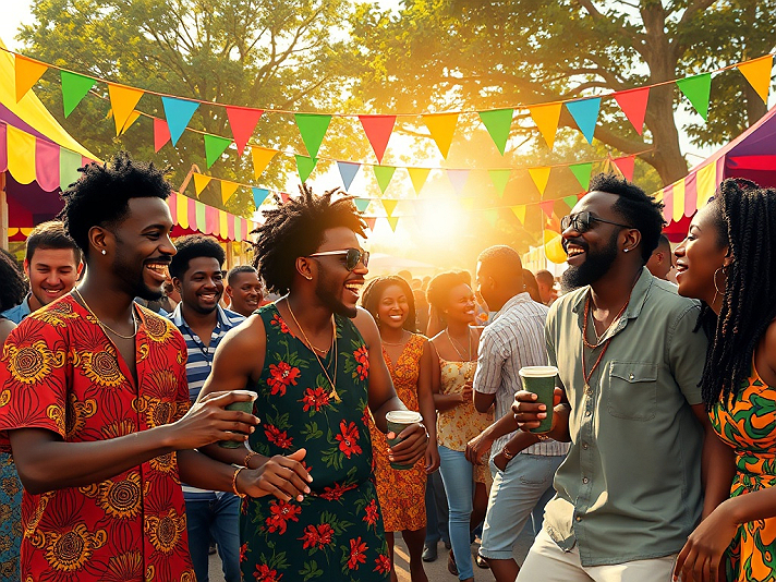 The image depicts a vibrant outdoor festival scene featuring Black men and women celebrating...