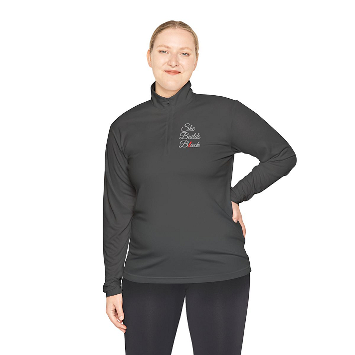 She Builds Back Black Unisex Quarter-Zip Pullover - Stylish Casual Layer, Cozy Athletic Wear, Gift for Friends, Birthday, Holiday, Everyday Comfort